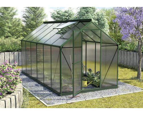 Serre avec porte ouverte et fenêtre de toit dans le jardin