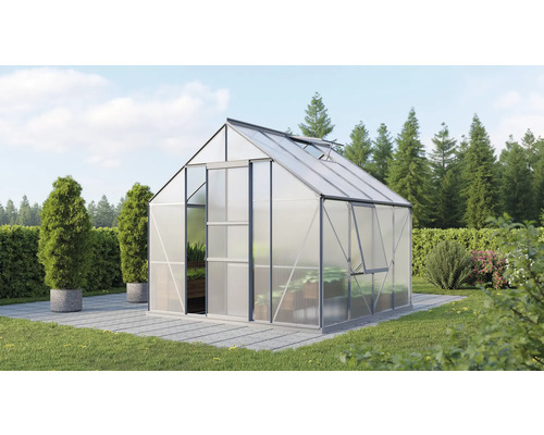 Gewächshaus Vitavia Meridian 1 6700 Hohlkammerplatten 6 mm 257x258 cm Aluminium Gewächshaus im Garten mit geöffneter Tür und Fenster zur Pflanzenzucht