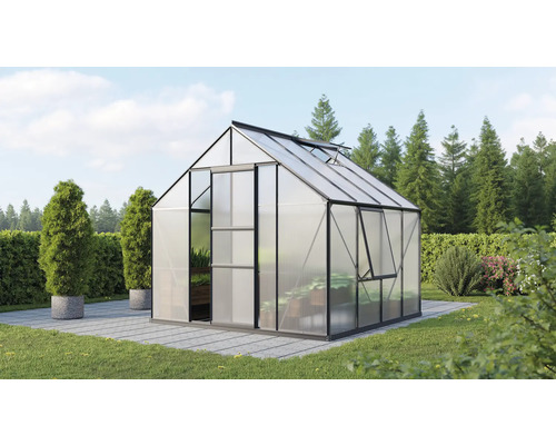 Gewächshaus Vitavia Meridian 1 6700 Hohlkammerplatten 4 mm 257x258 cm schwarz Gewächshaus mit geöffnetem Fenster im Garten