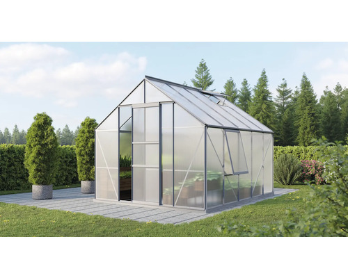 Gewächshaus Vitavia Meridian 1 8300 Hohlkammerplatten 4 mm 257x321 cm Aluminium Gewächshaus im Garten mit geöffneter Tür und Fenstern
