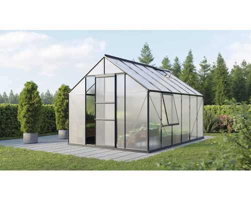 Gewächshaus Vitavia Meridian 1 9900 Hohlkammerplatten 4 mm 257x383 cm schwarz Gewächshaus mit geöffneten Fenstern und Tür im Garten