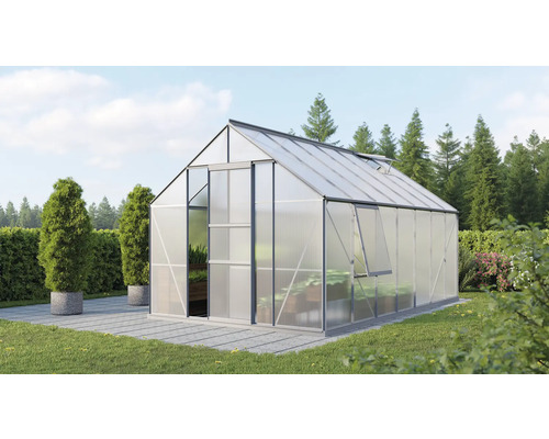 Gewächshaus Vitavia Meridian 1 11500 Hohlkammerplatten 4 mm 257x445 cm Aluminium Gewächshaus mit Pflanzen im Garten