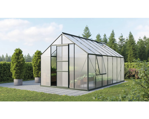 Gewächshaus Vitavia Meridian 1 11500 Hohlkammerplatten 4 mm 257x445 cm smaragd Gewächshaus im Garten mit geöffneter Tür und Fenster