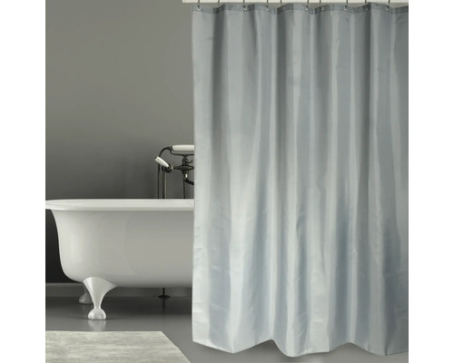 Rideau de douche MSV textile anti-moisissure 120 x 200 cm gris foncé 149552 Scène de salle de bains avec baignoire, robinetterie et rideau de douche