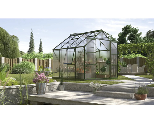Gewächshaus Vitavia Jupiter 6700 Hohlkammerplatten 4 mm 257x258 cm smaragd Gewächshaus im Garten mit Pflanzen
