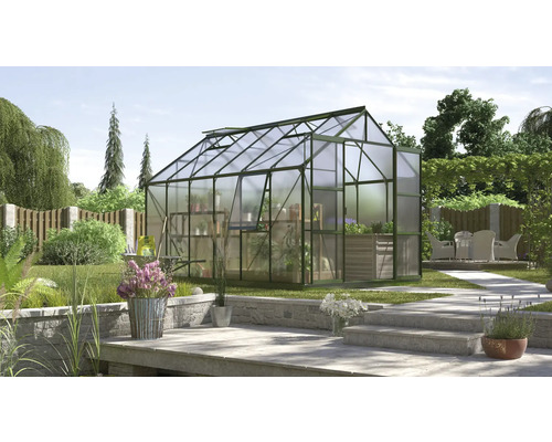 Gewächshaus Vitavia Jupiter 9900 Hohlkammerplatten 4 mm 257x383 cm smaragd Gewächshaus im Garten mit Pflanzenregalen und Sitzbereich