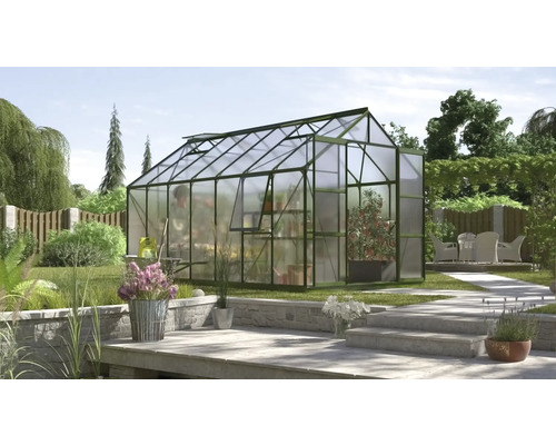 Gewächshaus Vitavia Jupiter 11500 Hohlkammerplatten 4 mm 257x445 cm smaragd Gewächshaus im Garten mit Pflanzenregalen und Gartengeräten