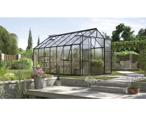 Gewächshaus Vitavia Jupiter 11500 Hohlkammerplatten 6 mm 257x445 cm schwarz Gewächshaus im Garten mit Pflanzen und Blumen