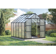 Serre avec porte ouverte dans le jardin