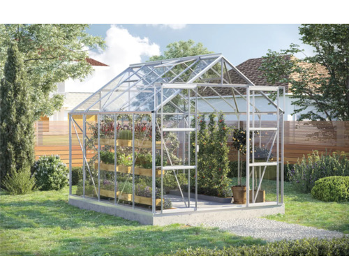 Serre en verre et aluminium avec plantes dans le jardin