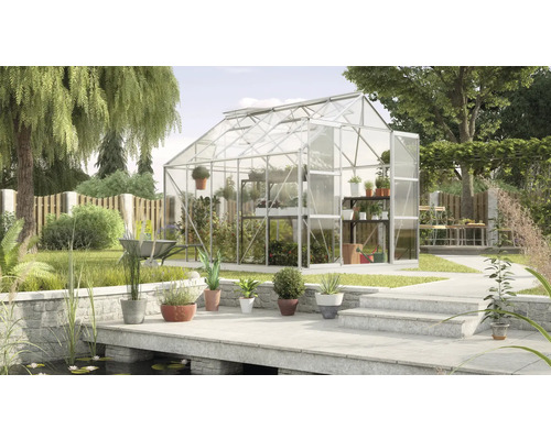 Serre de jardin avec plantes et bassin