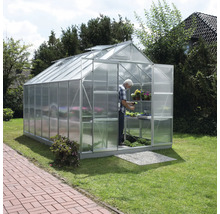 Serre avec personne, plantes et étagères dans le jardin.