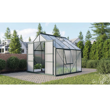 Serre avec porte et fenêtre ouvertes dans le jardin.