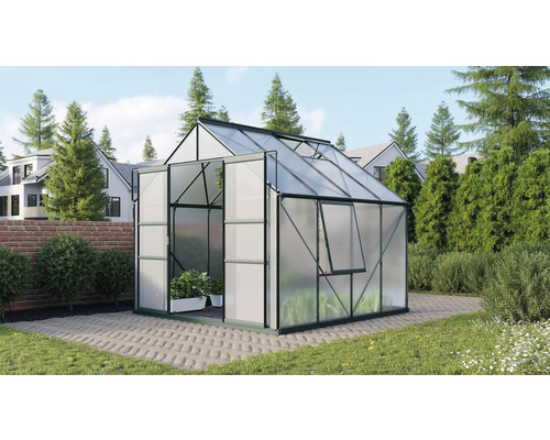 Gewächshaus Vitavia Meridian 2 6700 Hohlkammerplatten 4 mm 257x258 cm smaragd Gewächshaus mit geöffneter Tür und Fenster im Garten.