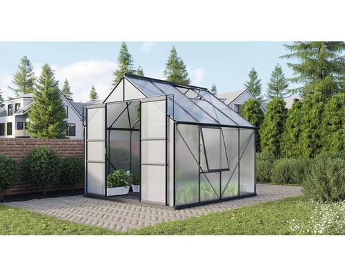 Gewächshaus Vitavia Meridian 2 6700 Hohlkammerplatten 4 mm 257x258 cm schwarz Gewächshaus mit geöffneter Tür in einem Garten.