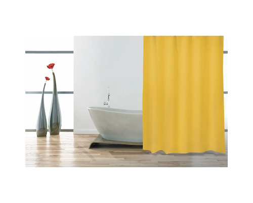 Badezimmer mit Badewanne und gelbem Duschvorhang