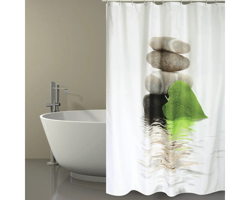 Rideau de douche MSV LINGGA textile 180 x 200 cm gris vert noir blanc 149500 Salle de bain avec baignoire et rideau de douche avec motif de pierres et de feuilles