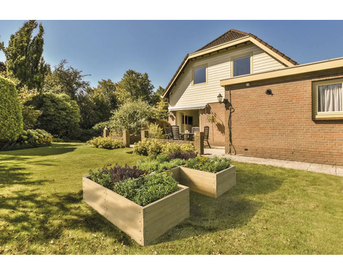 Garten mit Hochbeeten, Rasenfläche und Wohnhaus