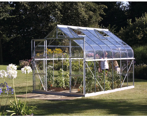 Serre avec plantes et jardin en arrière-plan