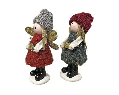 Zwei Weihnachtsengelfiguren mit Mützen und Sternen
