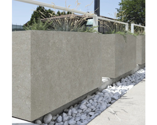 Blumentopf/Pflanztopf Portland Londra Keramik grau 60 x 30 x 60 cm Aussenaufnahme von Pflanzkästen aus Stein mit Pflanzen.