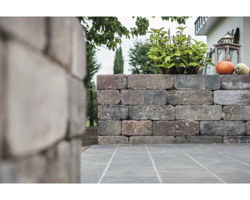 Gartenmauer aus Steinen mit Pflanze und Dekoration