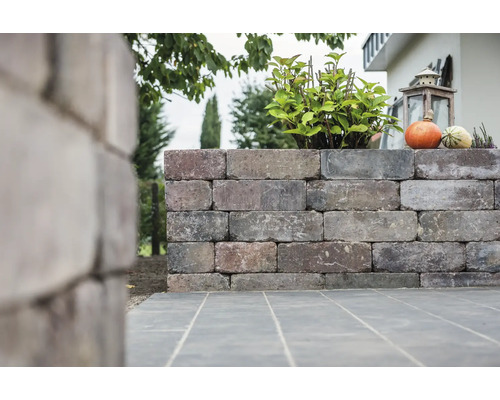 Mur de jardin en pierre avec plantation et décoration