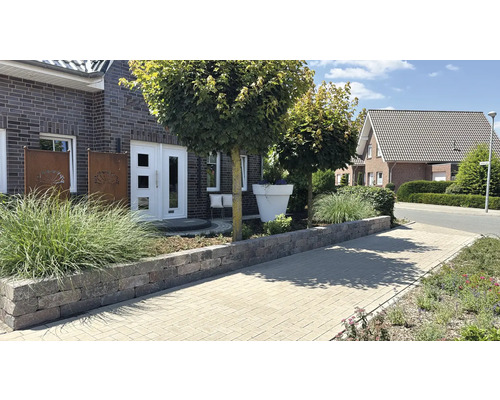 Façade de maison avec chemin pavé, mur et plantations