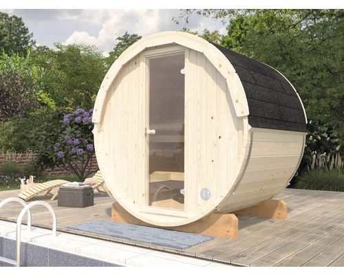Sauna à tonneau Palmako Anita sans poêle avec bardeaux et porte en verre transparent Sauna à tonneau Palmako Anita sans poêle avec bardeaux et porte en verre transparent