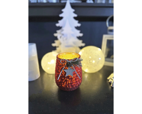 Dekorative Glaslaterne mit Sternapplikation und Tannenzapfenverzierung