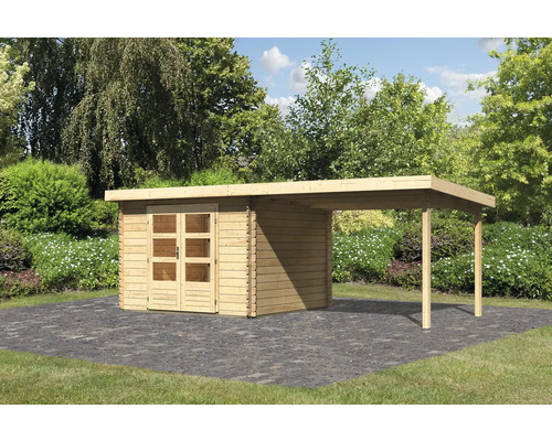 Chalet de jardin en madriers Karibu Noorvik 5 avec toit en appentis 3 m 614 x 333 cm naturel