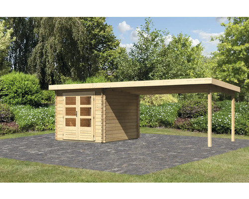 Chalet de jardin en madriers Karibu Noorvik 4 avec toit en appentis 4 m 654 x 333 cm naturel Chalet de jardin en madriers Karibu Noorvik 4 avec toit en appentis 4 m 654 x 333 cm naturel