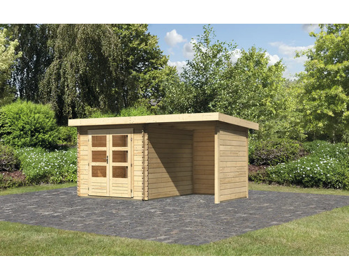 Chalet de jardin en madriers Karibu Noorvik 4 avec toit en appentis 2 m, paroi arrière et paroi latérale 454 x 333 cm naturel