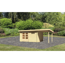 Holzgartenhaus mit Überdachung im Garten