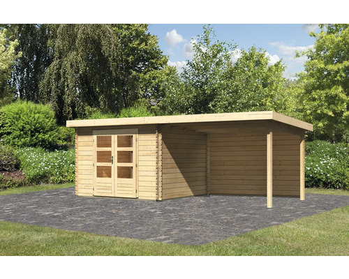 Abri de jardin Karibu Noorvik 5 avec extension de toit de 3 m, paroi arrière 614 x 333 cm naturel