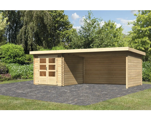 Abri de jardin Karibu Noorvik 4 avec extension de toit 4 m, paroi arrière et paroi latérale 619 x 297 cm naturel