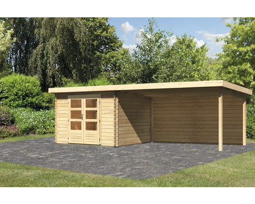 Abri de jardin Karibu Noorvik 5 avec extension de toit 4 m, paroi arrière 679 x 297 cm naturel