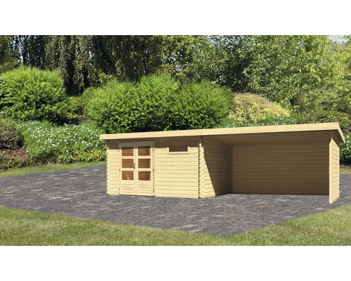 Abri de jardin Karibu Noorvik 8 avec extension de toit 4 m, paroi arrière et paroi latérale 769 x 297 cm naturel