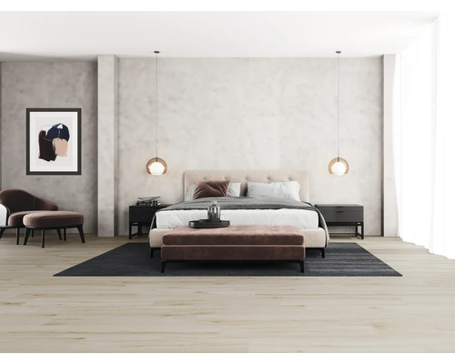 Chambre à coucher avec lit, tables de chevet, tapis et décorations