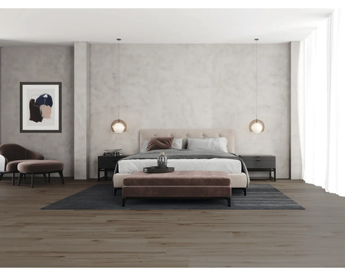 Chambre avec lit double, tables de chevet, sièges et suspensions