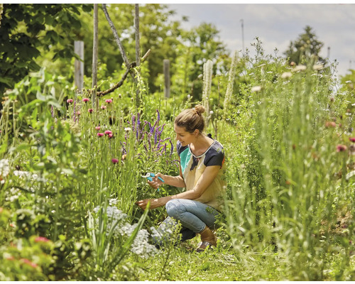 Une femme travaille avec un sécateur dans un jardin fleuri.