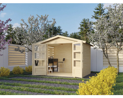 Jardin avec abri de jardin en bois et portes doubles ouvertes, une coiffeuse à l''intérieur