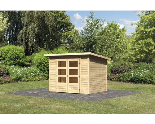 Gartenhaus aus Holz mit Doppeltür und Flachdach im Garten.
