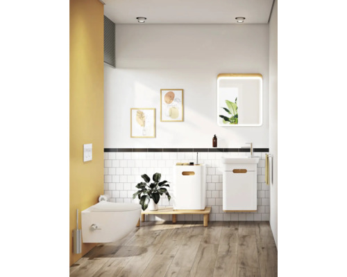 Salle de bains moderne avec WC suspendu, lavabo et miroir