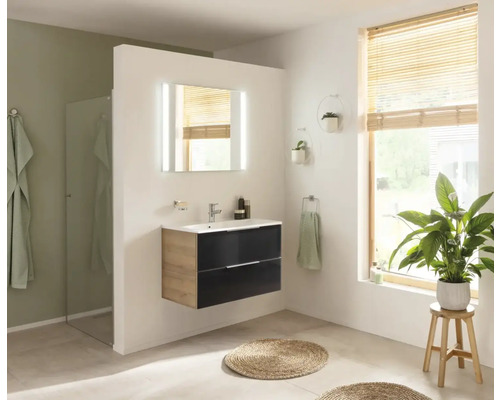 Salle de bains lumineuse avec meuble sous-vasque, miroir avec éclairage et plante