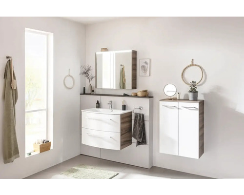 Helles Badezimmer mit Waschbeckenunterschrank, Spiegelschrank, Hängeschrank und dekorativen Elementen.