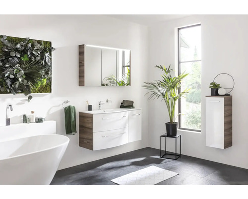 Helles Badezimmer mit Badewanne, Waschtisch mit Spiegel, Pflanzendekoration und Aufbewahrungsschrank