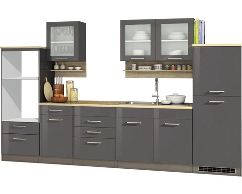 Held Möbel Küchenzeile Mailand 330 cm Frontfarbe grau Hochglanz Korpusfarbe graphit