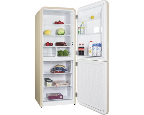 Réfrigérateur-congélateur Kibernetik KSTK401 Retro lxhxP 71x185x70 cm beige Réfrigérateur-congélateur ouvert avec des aliments sur les étagères et dans les tiroirs.