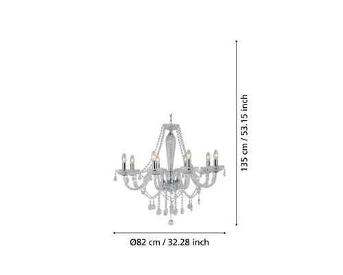 Kristalllüster mit acht Leuchten, Durchmesser 82 cm, Höhe 135 cm.